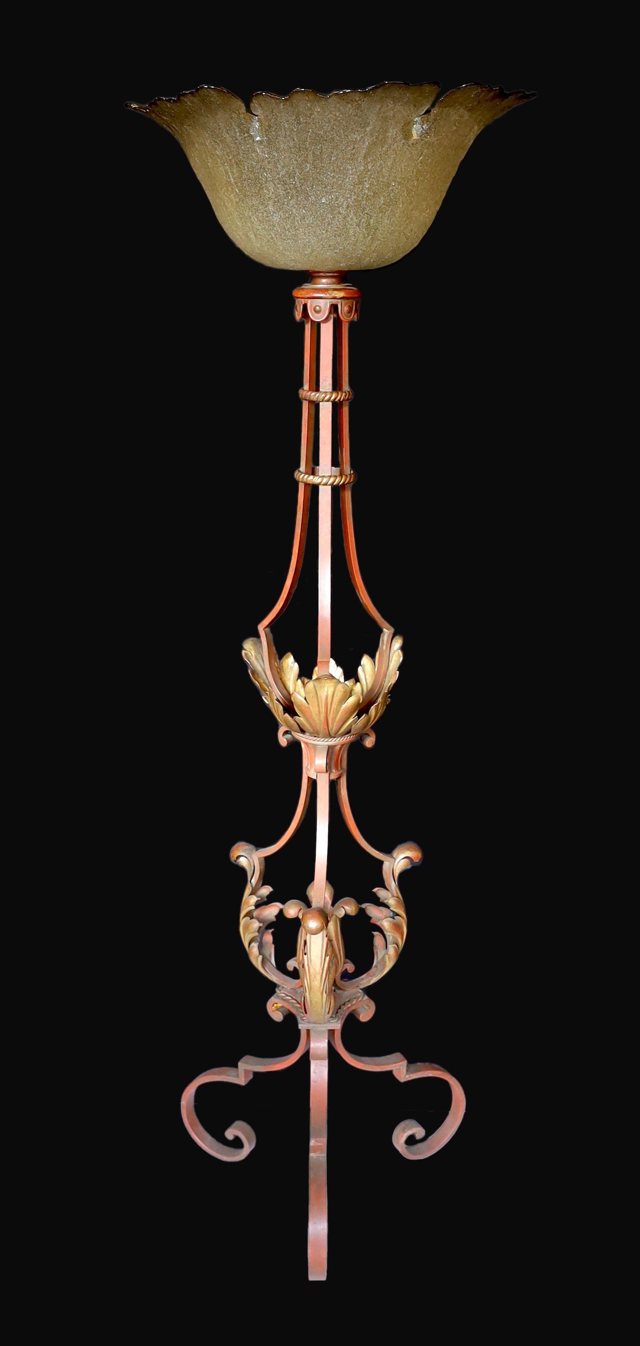 A 1950s Italian parcel gilt red painted wrought iron and tole ware lamp standard with smoked crackle glass shade, height 163cm. diameter 52cm.